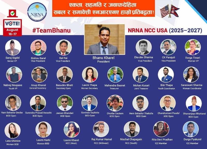 एनआरएनए अमेरिका अध्यक्ष पदका लागि भानु खरेलको नेतृत्वमा टिमले उम्मेदवारी घोषणा